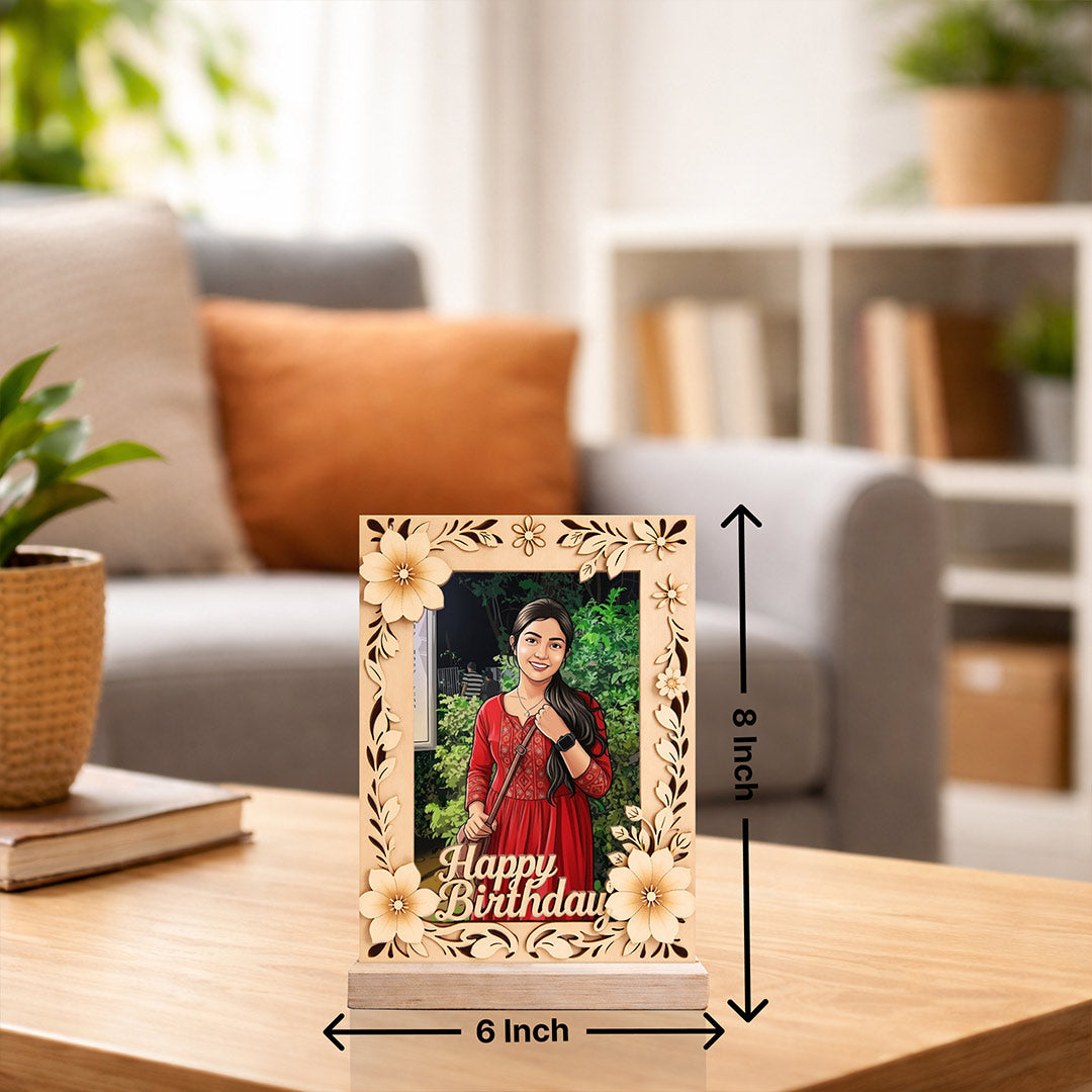 Personalized Birthday Wooden Photo Frame with Floral Design (6x8 Inch) Custom Photo Cartoon Table Top Décor Gift for Girls, Wife & Girlfriend | Love Craft Gifts