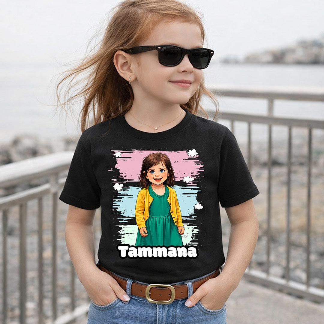 Personalized Cute Girl Photo T-Shirt – Custom Name & Picture Printed Black Tee for Girls | Love Craft Gifts