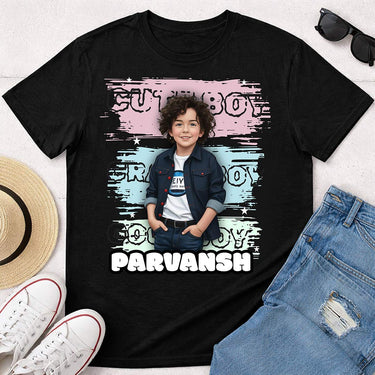 Personalized Cute Boy Photo T-Shirt – Custom Name & Picture Printed Black Tee for Kids | Love Craft Gifts