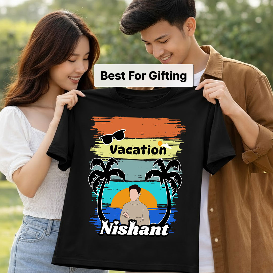 Personalized Vacation Theme Black T-Shirt – Custom Name & Pic Summer Travel Print | Love Craft Gifts