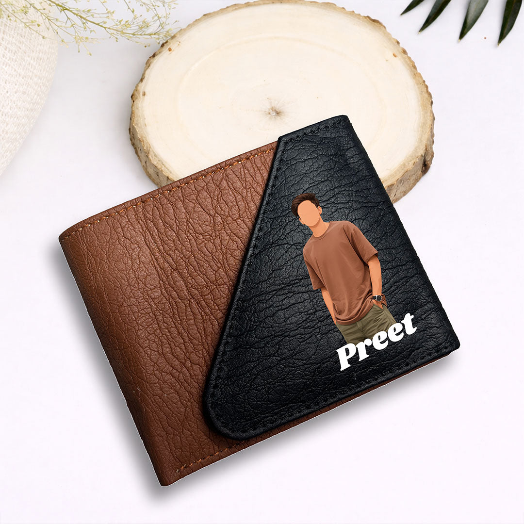 Personalized Men’s Leather Wallet with Cartoon Photo & Name Custom Print Brown Bi-Fold Wallet Gift for Boys, Husband & Boyfriend | Love Craft Gifts