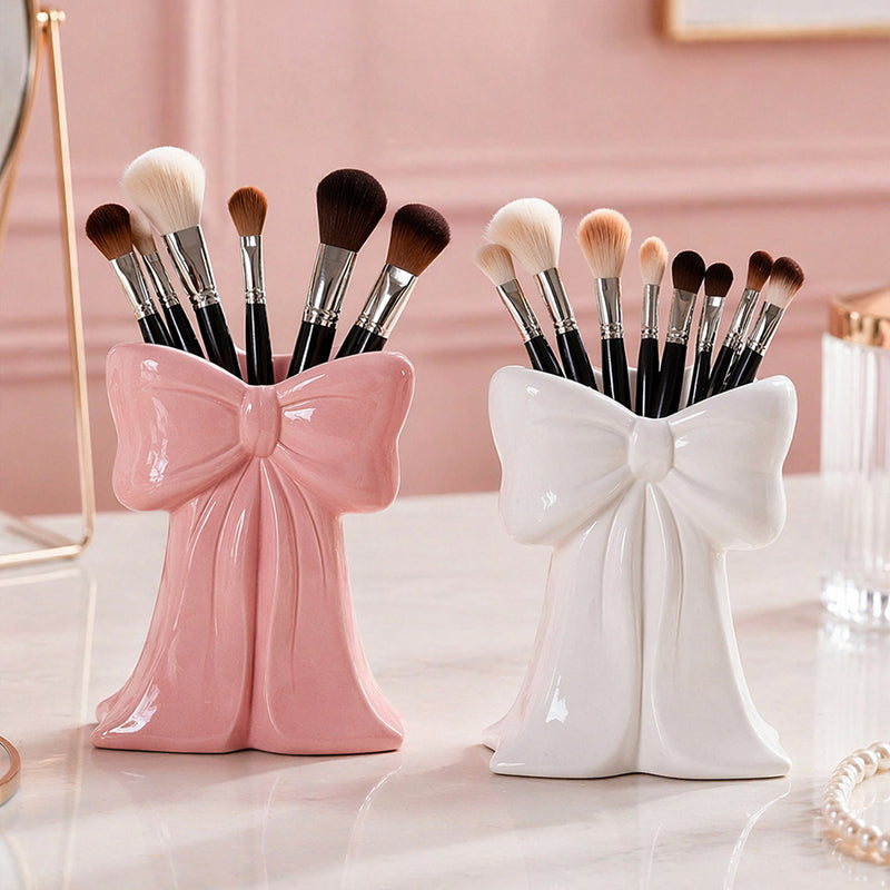 Elegant Bow Makeup Brush Holder – Premium Vanity Organizer for Makeup Brushes & Beauty Tools (Pink & White) | Love Craft Gifts™
