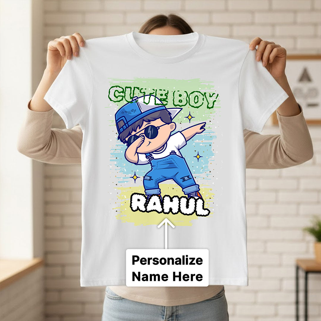 Personalized Cute Boy Name White T-Shirt – Custom Cartoon Boy Printed | Love Craft Gifts