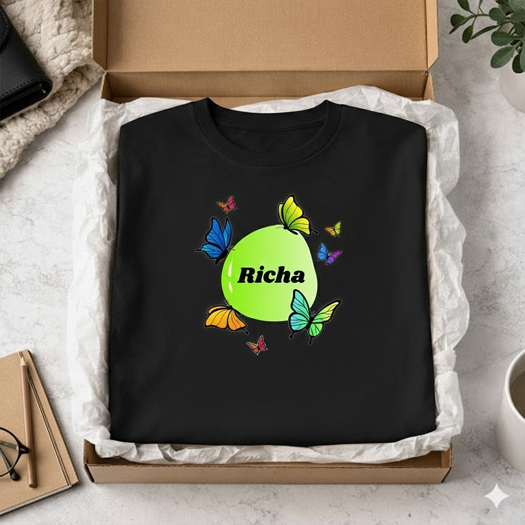 Personalized Butterfly Circle Name Print Black T-Shirt – Custom Unisex Tee | Love Craft Gifts