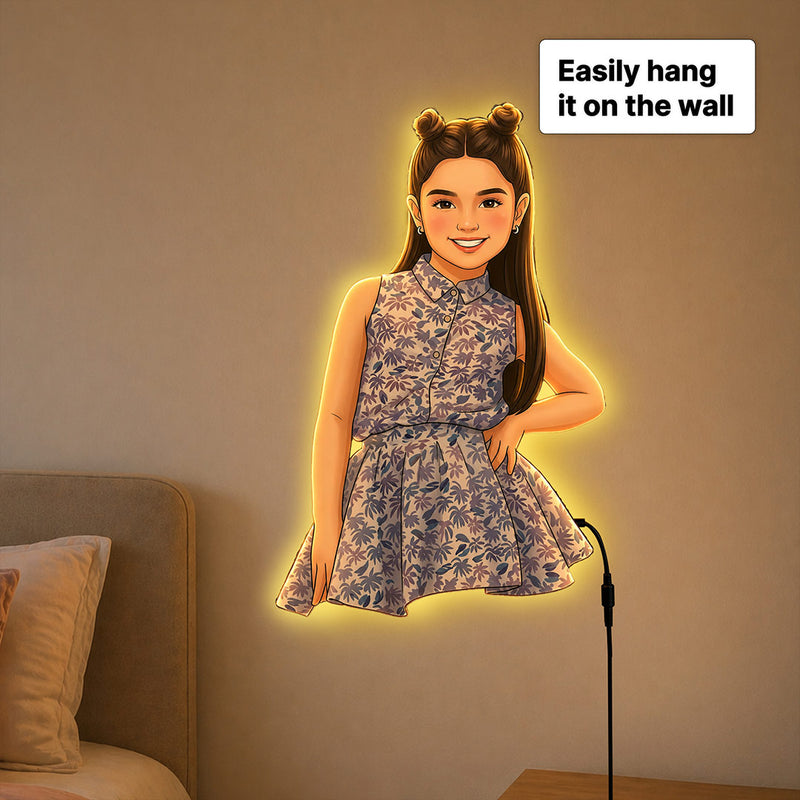 Personalized AI Cartoon Wooden 3D LED Photo Cutout Gift for Girl (14x24")