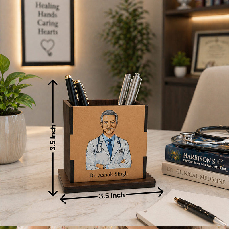 Personalized Doctor Wooden Pen Stand with Custom Cartoon Portrait – Premium Desk Organizer with Name (3.5 x 3.5 Inch) Professional Gift | Love Craft Gifts™