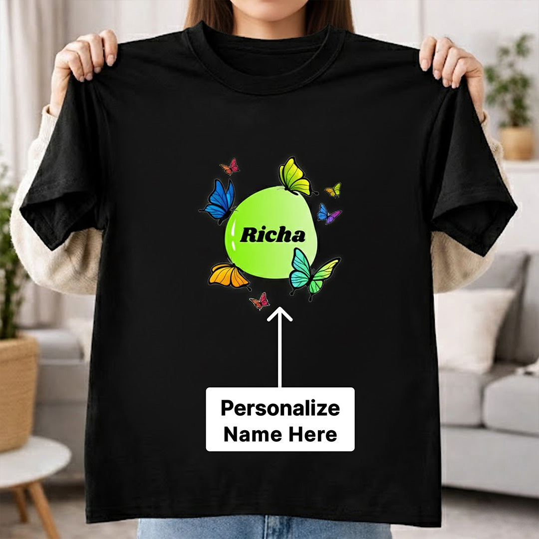 Personalized Butterfly Circle Name Print Black T-Shirt – Custom Unisex Tee | Love Craft Gifts
