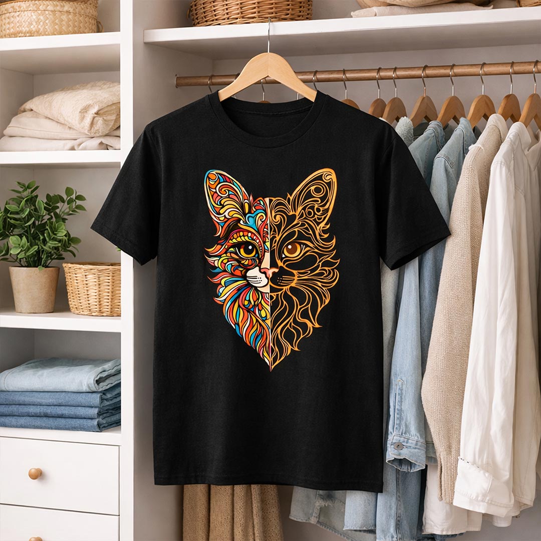 Artistic Cat Face Graphic Print Black T-Shirt – Unisex Casual Wear | Love Craft Gifts