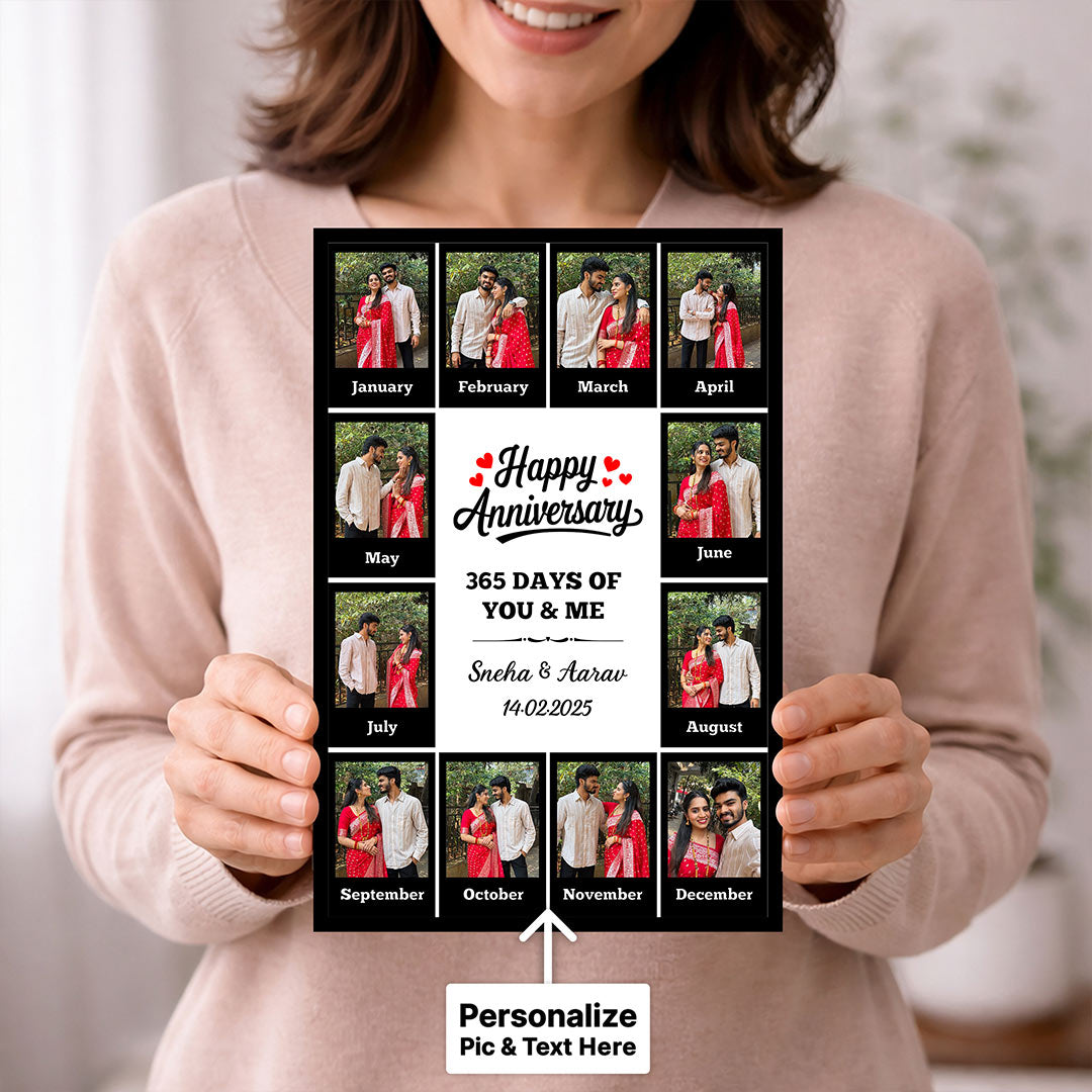 Personalized 365 Days Anniversary Photo Frame – Custom Monthly Couple Collage Frame (12x8 Inch) | Love Craft Gifts