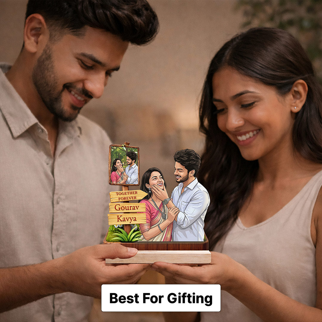 Personalized Couple Cartoon Wooden Table Stand – “Together Forever” Custom Photo & Name Stand (7x7 Inch) Romantic Gift for Boyfriend, Girlfriend & Anniversary | Love Craft Gifts