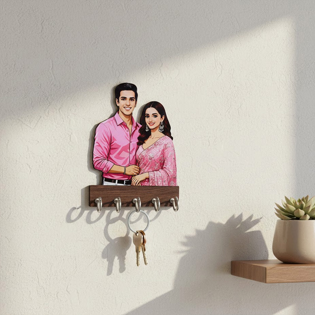 Personalized Couple Cartoon Wooden Key Holder (5×4”) | Love Craft Gifts