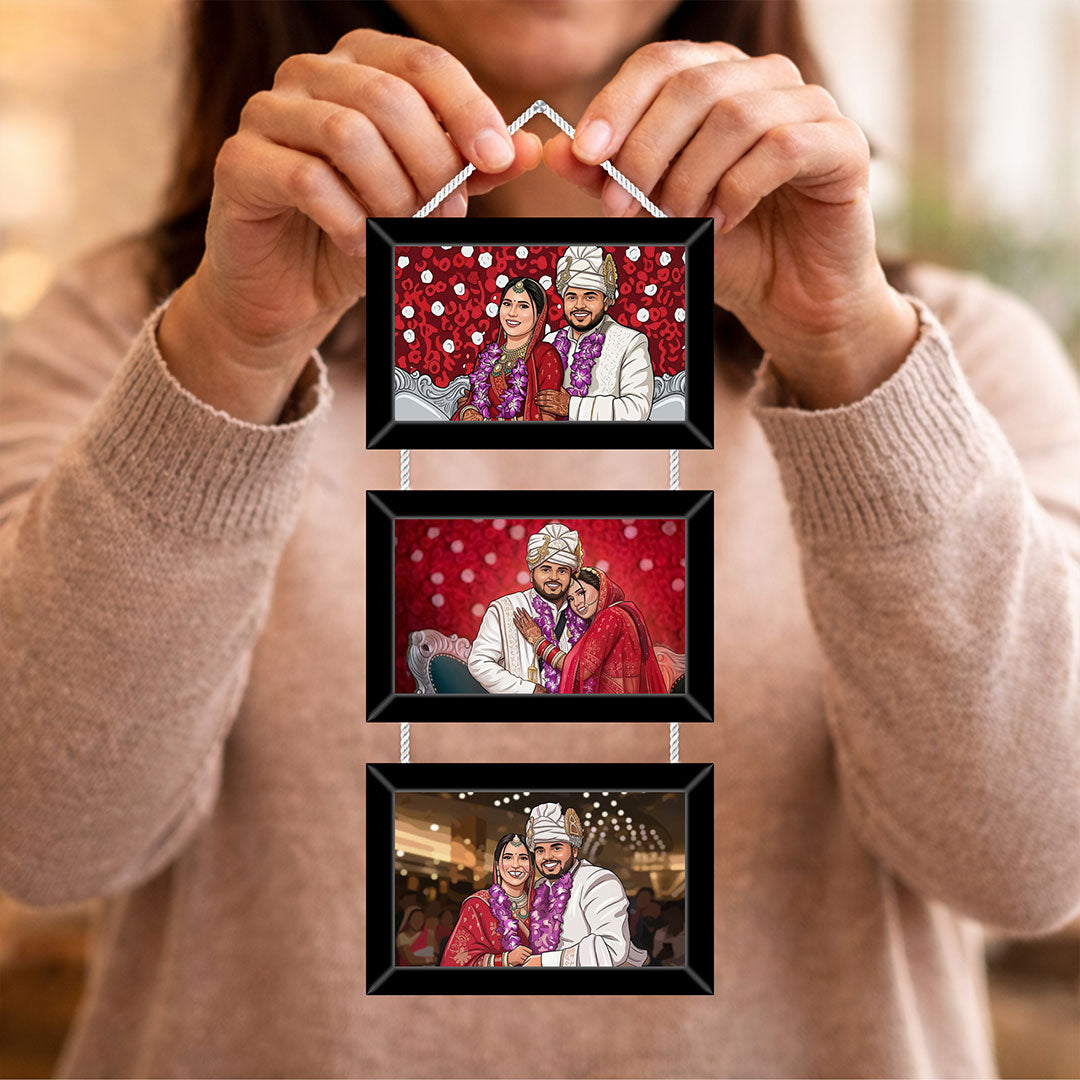 Personalized 3 Photo Hanging Frame – Custom Cartoon Couple Wall Décor (6x14 Inch) | Love Craft Gifts