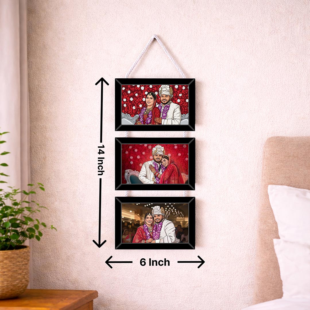 Personalized 3 Photo Hanging Frame – Custom Cartoon Couple Wall Décor (6x14 Inch) | Love Craft Gifts