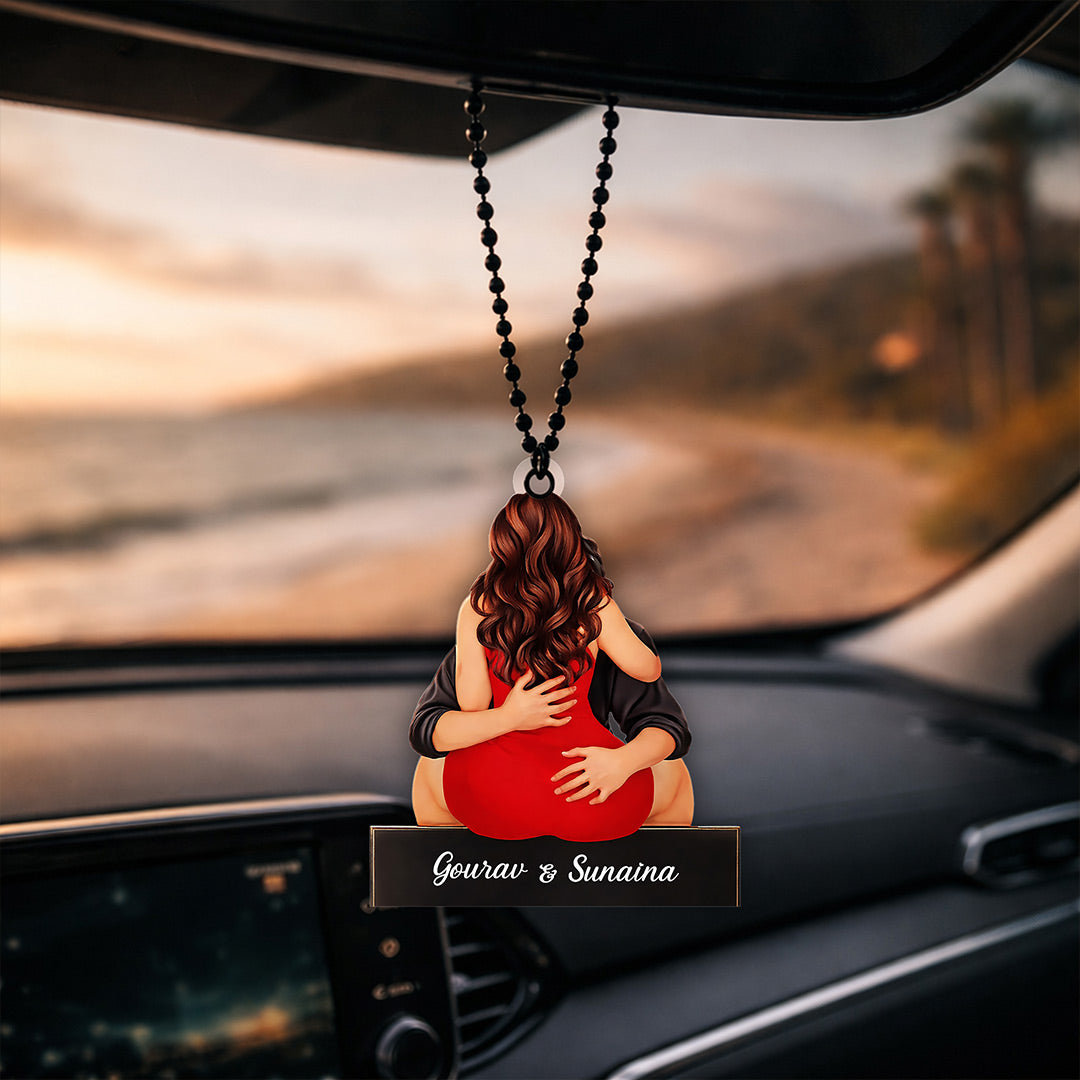 Personalized Couple Hug Car Hanging Photo Frame with Name Custom Acrylic Rear View Mirror Hanging Gift (2x2.5 Inch) Romantic Gift for Husband, Wife & Girlfriend | Love Craft Gifts