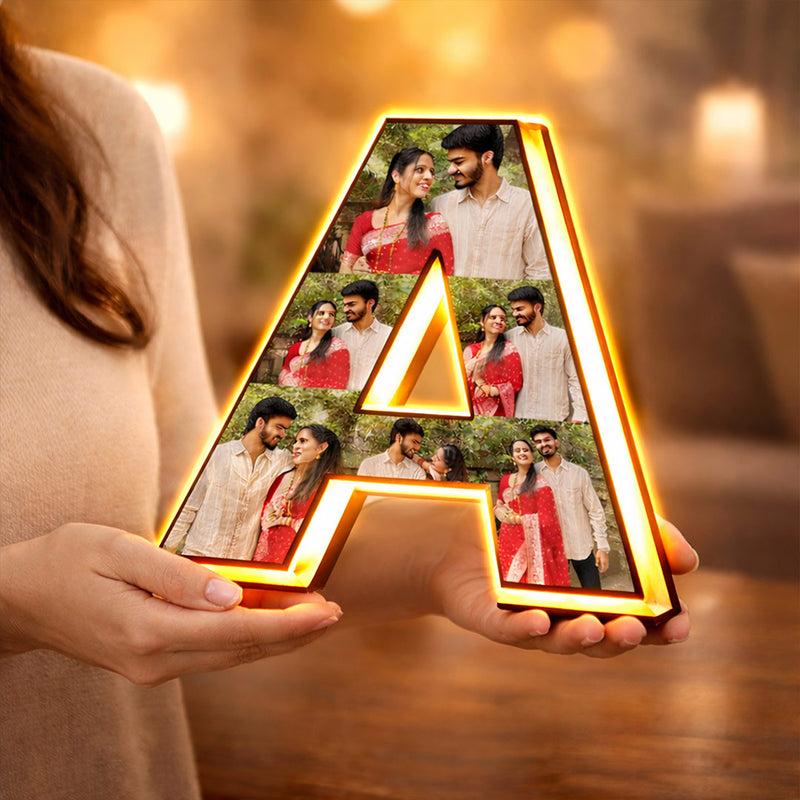 Personalized Alphabet LED Photo Frame (8x8 Inch) Custom Initial Letter Light Frame with Photos Table Top Décor Gift for Couples | Love Craft Gifts