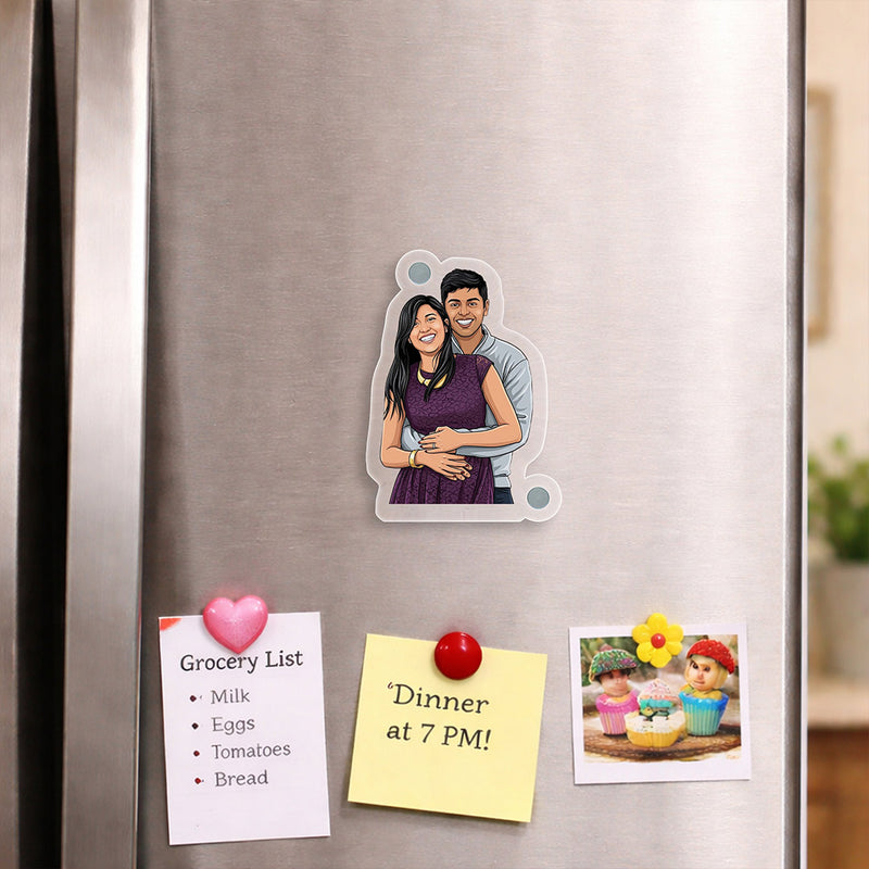 Personalized Acrylic Photo Fridge Magnet with Custom Cartoon Photo Print (3x3 Inch) Cute Refrigerator Magnet Gift for Couple, Husband & Wife | Love Craft Gifts
