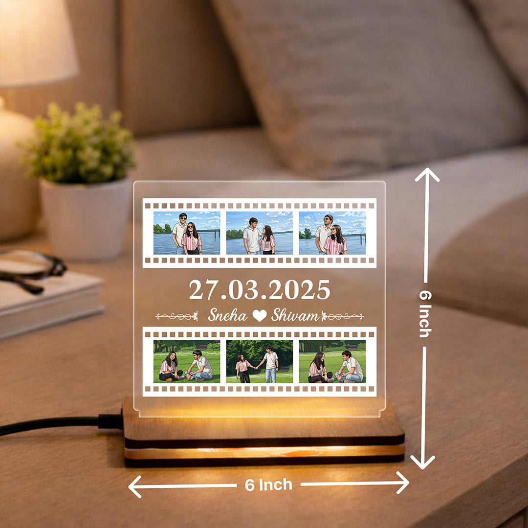 Personalized Film Strip LED Photo Frame Lamp with Date & Name 6x6 Inch | Love Craft Gifts