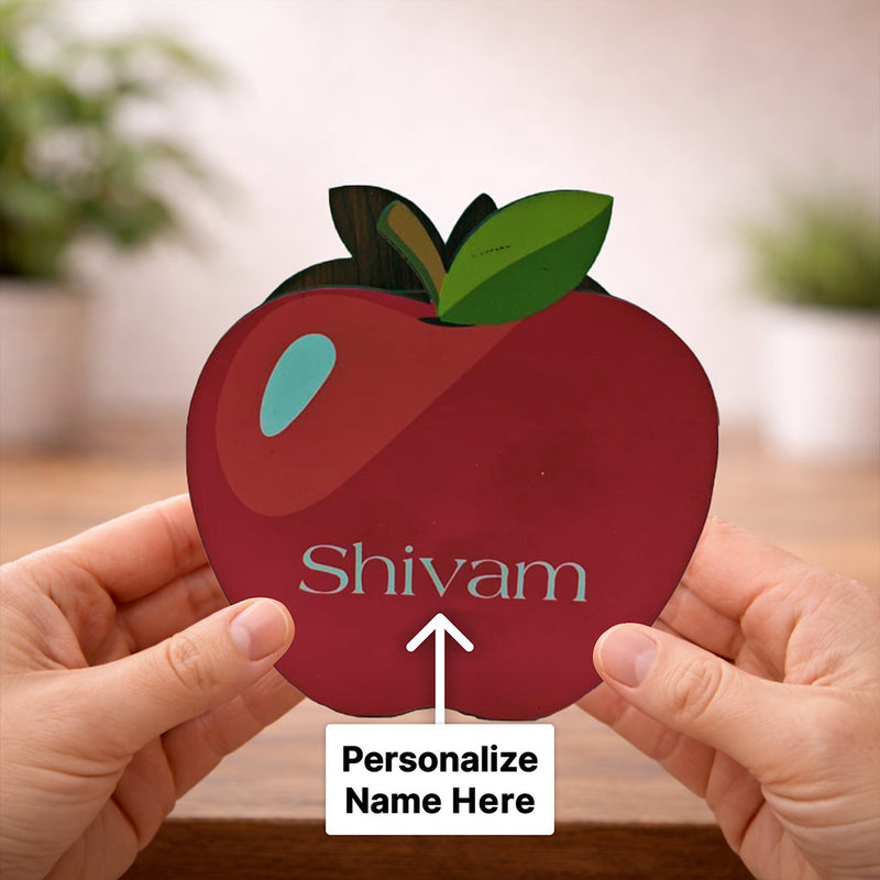 Personalized Apple Shape Wooden Pen Stand (4x4.5 Inch) Custom Name Desk Organizer Table Top Holder Gift for Kids & Students | Love Craft Gifts