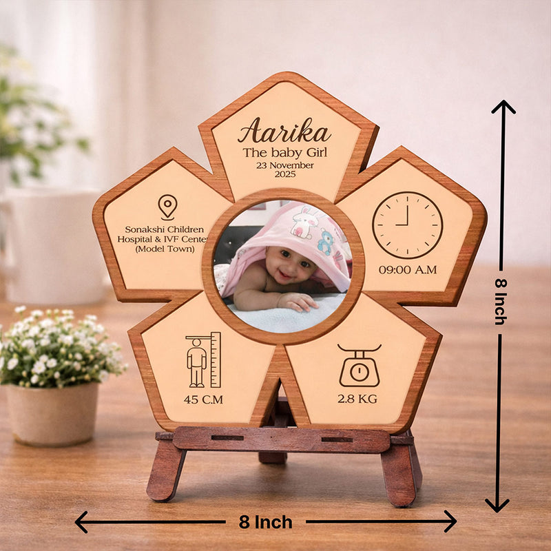 Personalized Baby Birth Details Wooden Flower Table Stand (8x8 Inch) | Love Craft Gifts