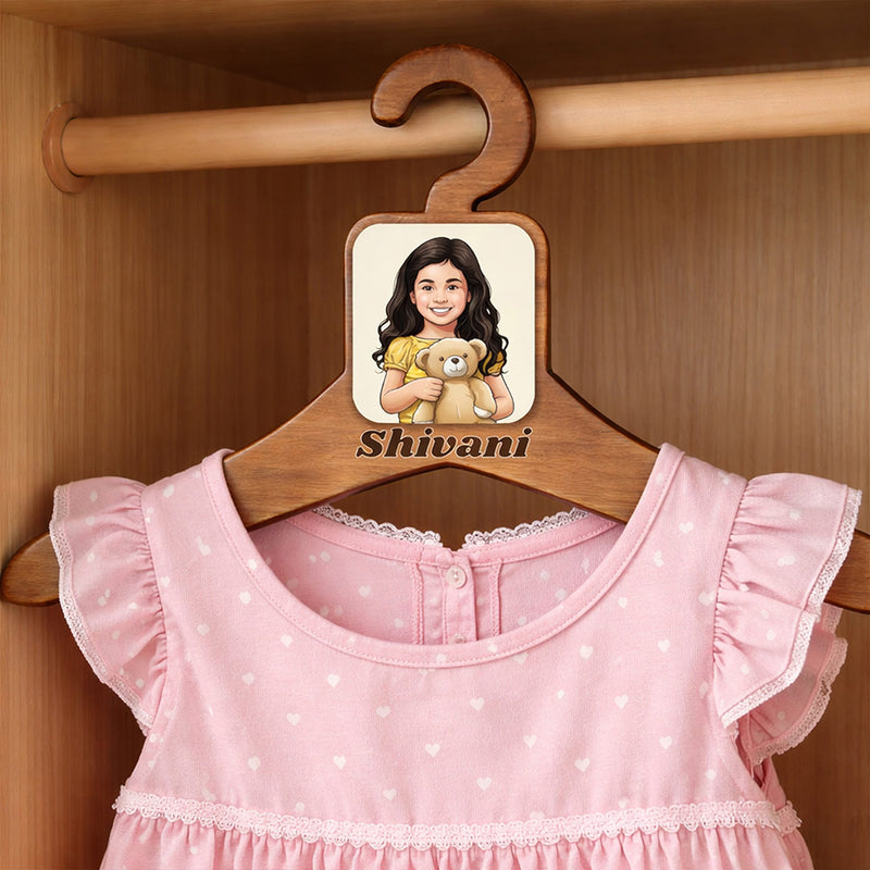 Personalized Kids Wooden Clothes Hanger with Photo & Name (17x9 Inch) Custom Cartoon Hanger for Baby & Kids Wardrobe | Love Craft Gifts