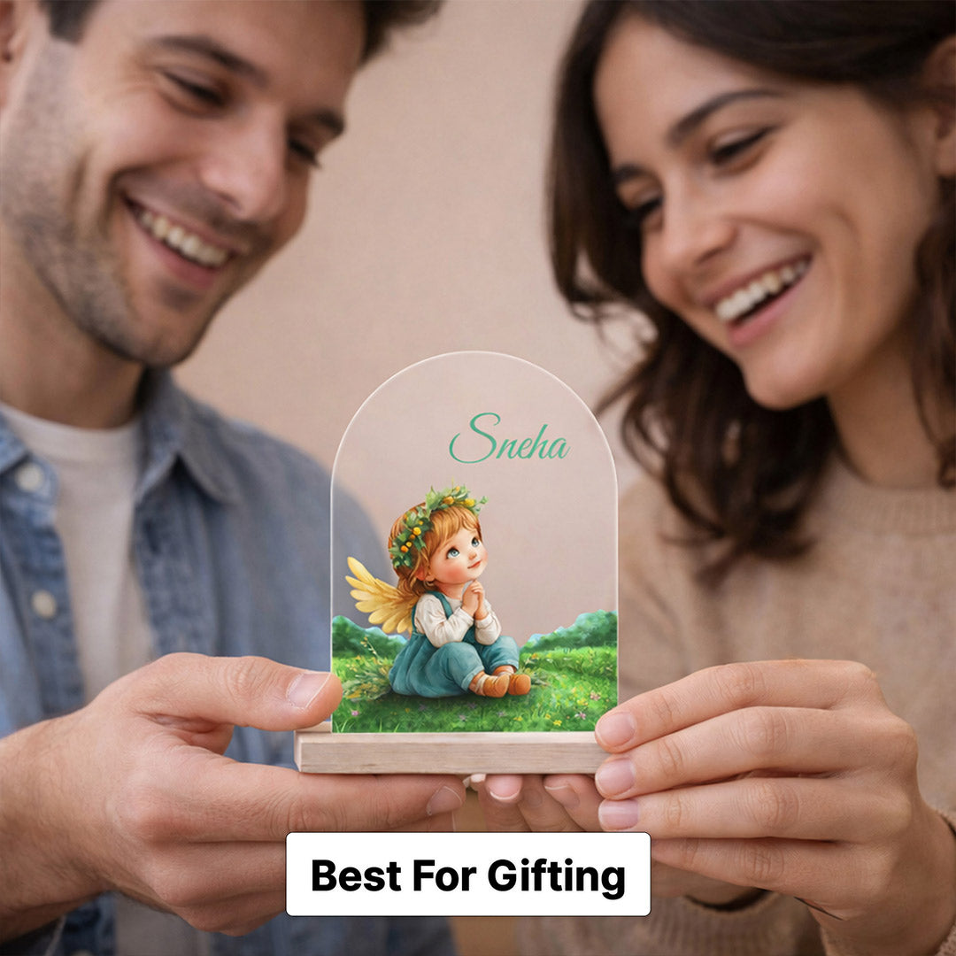 Personalized Baby Name Acrylic Table Stand – Custom Cute Angel Theme Desk Décor Gift (6x8 Inch) | Love Craft Gifts