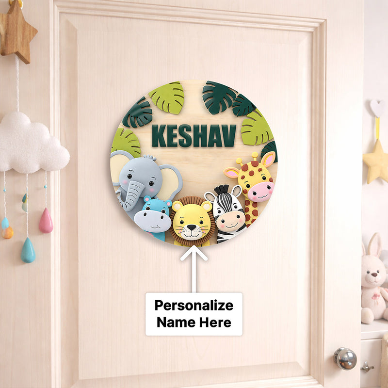 Personalized Kids Name Wooden Door Sign with Cute Animal Theme – Custom Nursery Name Wall Décor (8x8 Inch) | Love Craft Gifts