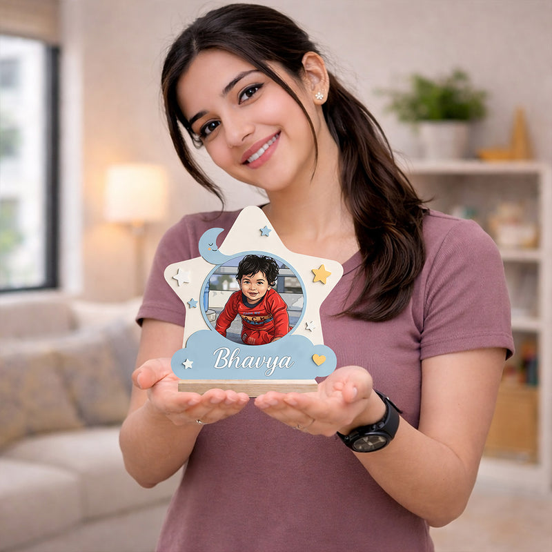 Personalized Kids Photo Name Star Table Top with Custom Cartoon Design (6x6 Inch) Cute Baby Desk Décor Gift | Love Craft Gifts