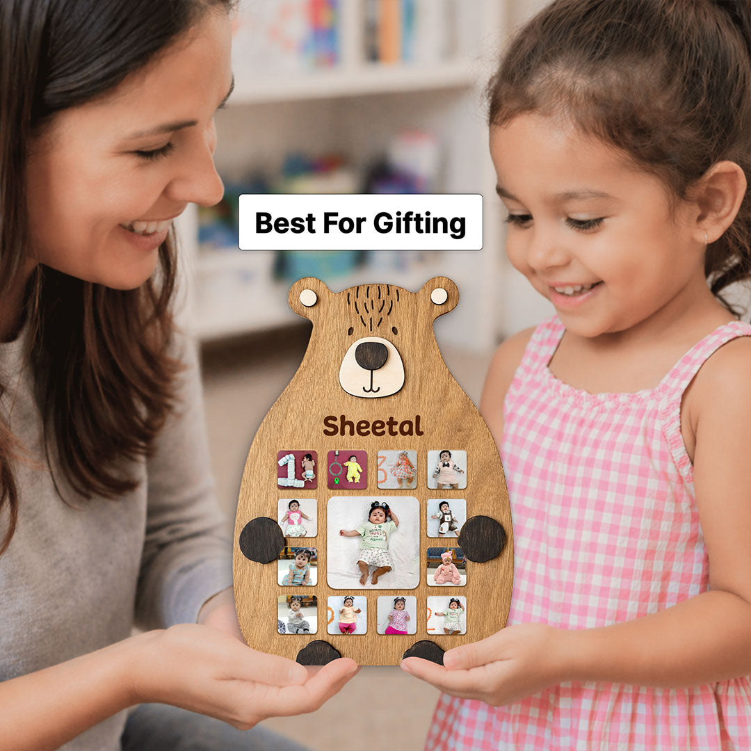 Personalized Teddy Baby Monthly Photo Frame – Custom Name 12 Month Milestone Wooden Wall Frame (11x16 Inch) | Love Craft Gifts™