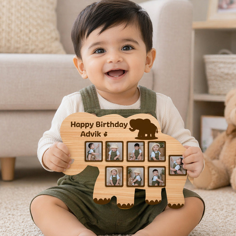 Personalized Elephant Baby Photo Frame – Custom Name Birthday Memory Wooden Wall Frame (18x12 Inch) | Love Craft Gifts™