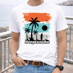 Personalized Tropical Sunset Silhouette White T-Shirt – Custom Name Printed | Love Craft Gifts