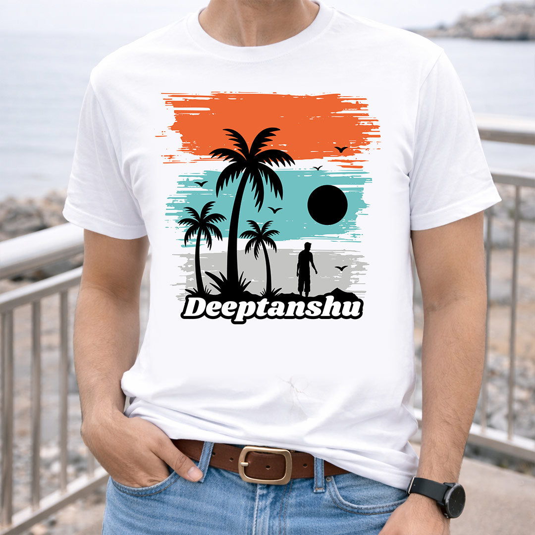 Personalized Tropical Sunset Silhouette White T-Shirt – Custom Name Printed | Love Craft Gifts