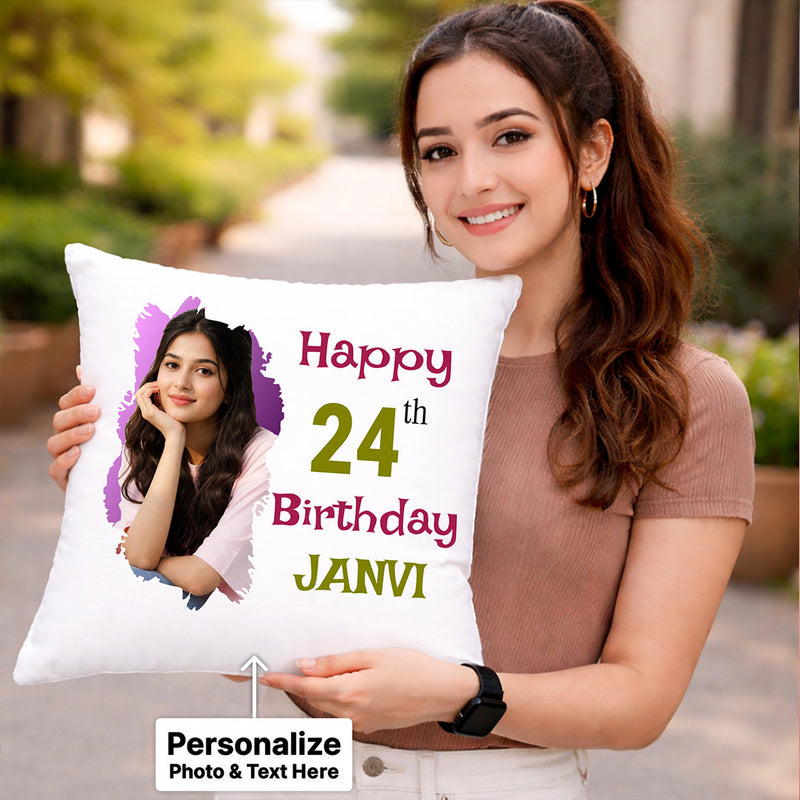 Personalized Birthday Photo Cushion Pillow for Girls with Name – Custom Soft Birthday Gift Cushion (10x10 Inch) | Love Craft Gifts