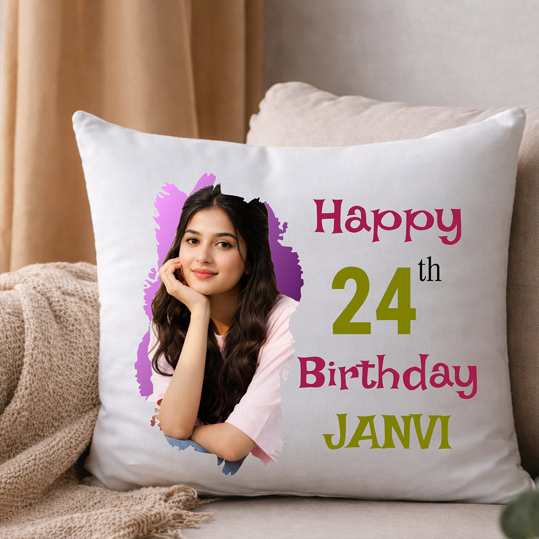 Personalized Birthday Photo Cushion Pillow for Girls with Name – Custom Soft Birthday Gift Cushion (10x10 Inch) | Love Craft Gifts