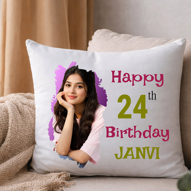 Personalized Birthday Photo Cushion Pillow for Girls with Name – Custom Soft Birthday Gift Cushion (10x10 Inch) | Love Craft Gifts