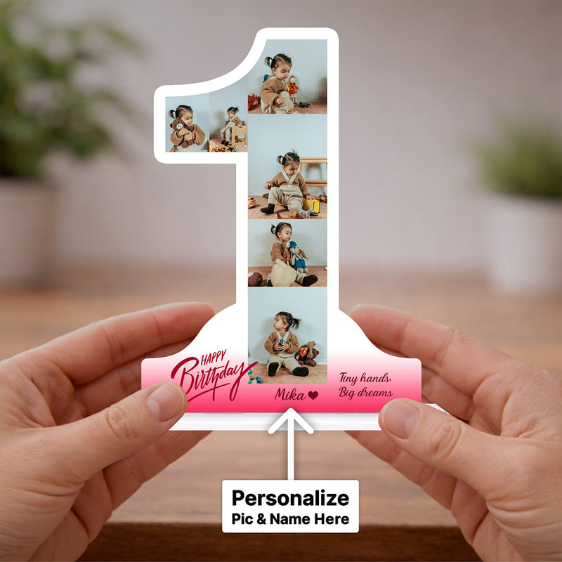 Personalized 1st Birthday Acrylic Photo Stand – Custom Number 1 Multi Photo Table Top with Name & Message (11x8 Inch) Baby Birthday Keepsake Gift | Love Craft Gifts