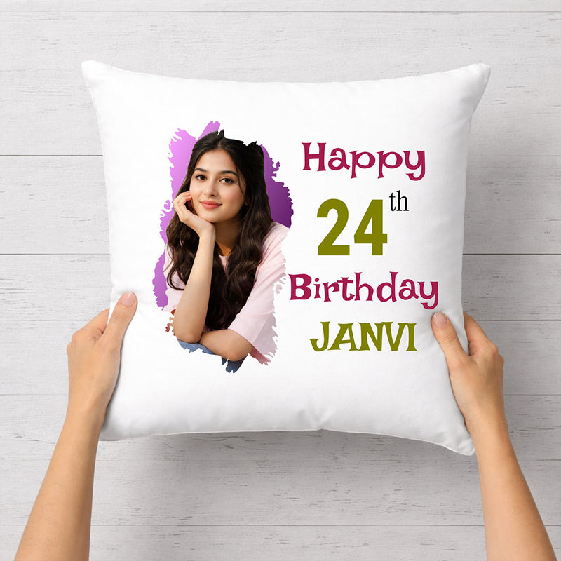Personalized Birthday Photo Cushion Pillow for Girls with Name – Custom Soft Birthday Gift Cushion (10x10 Inch) | Love Craft Gifts