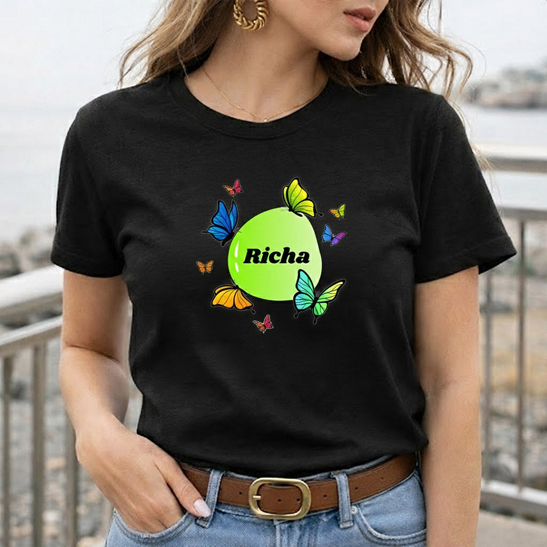Personalized Butterfly Circle Name Print Black T-Shirt – Custom Unisex Tee | Love Craft Gifts