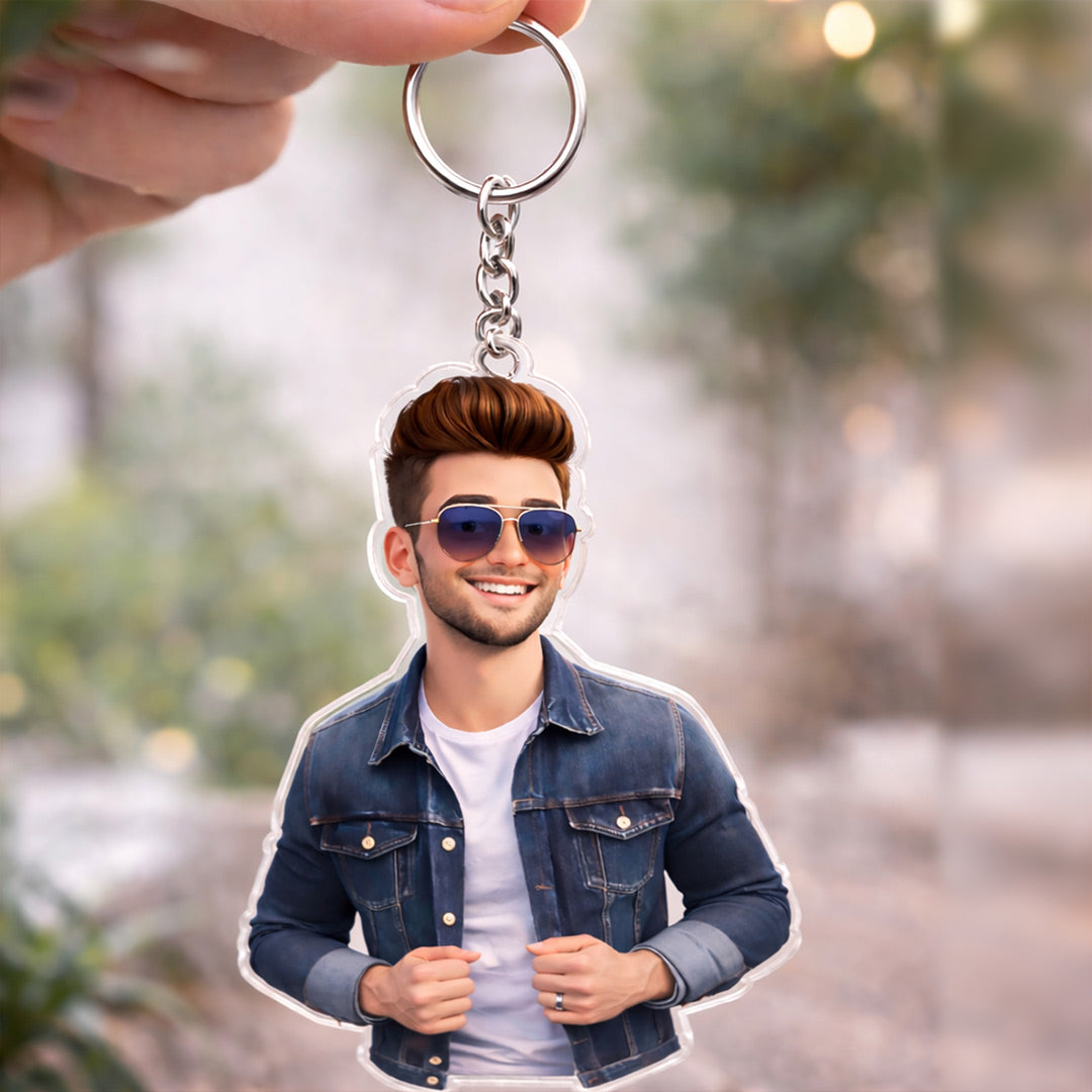 Personalized Boy Cartoon Acrylic Keychain – Custom Photo Stylish Character Keyring (2x2.5 Inch) | Love Craft Gifts