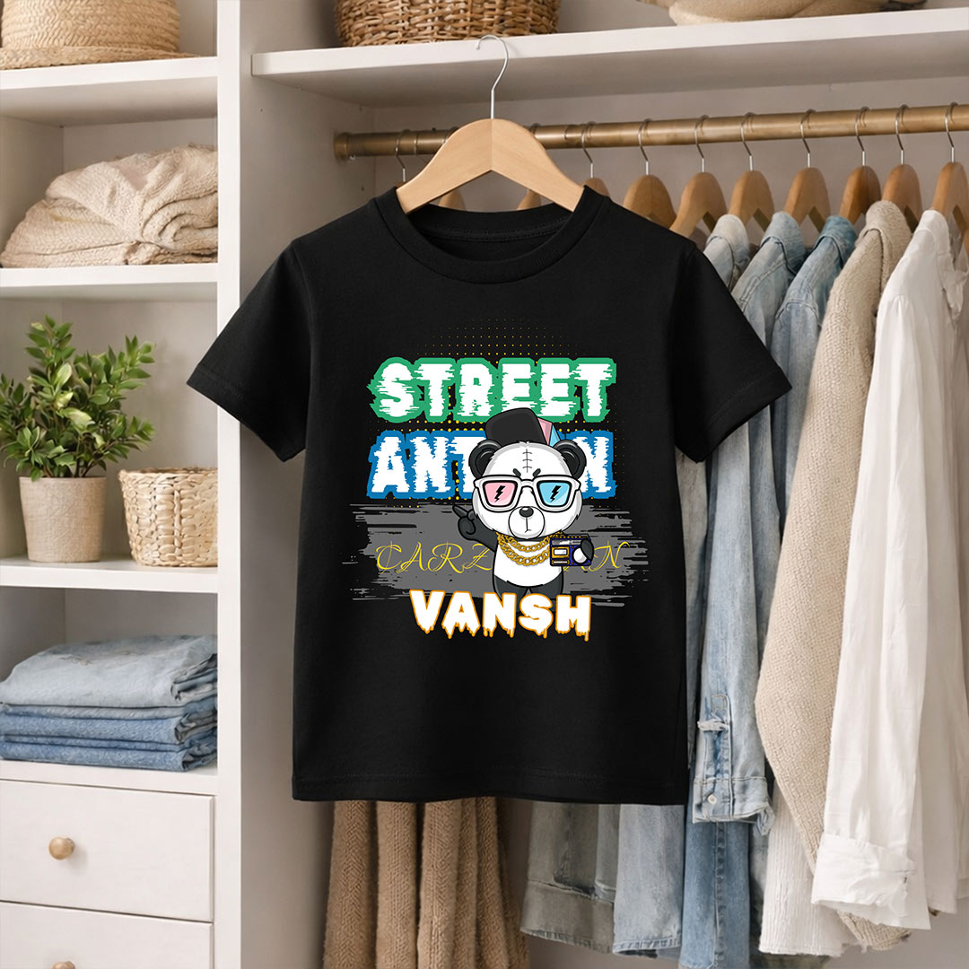 Personalized Street Animal Boys Black T-Shirt – Custom Name Printed Cool Panda Tee for Kids | Love Craft Gifts