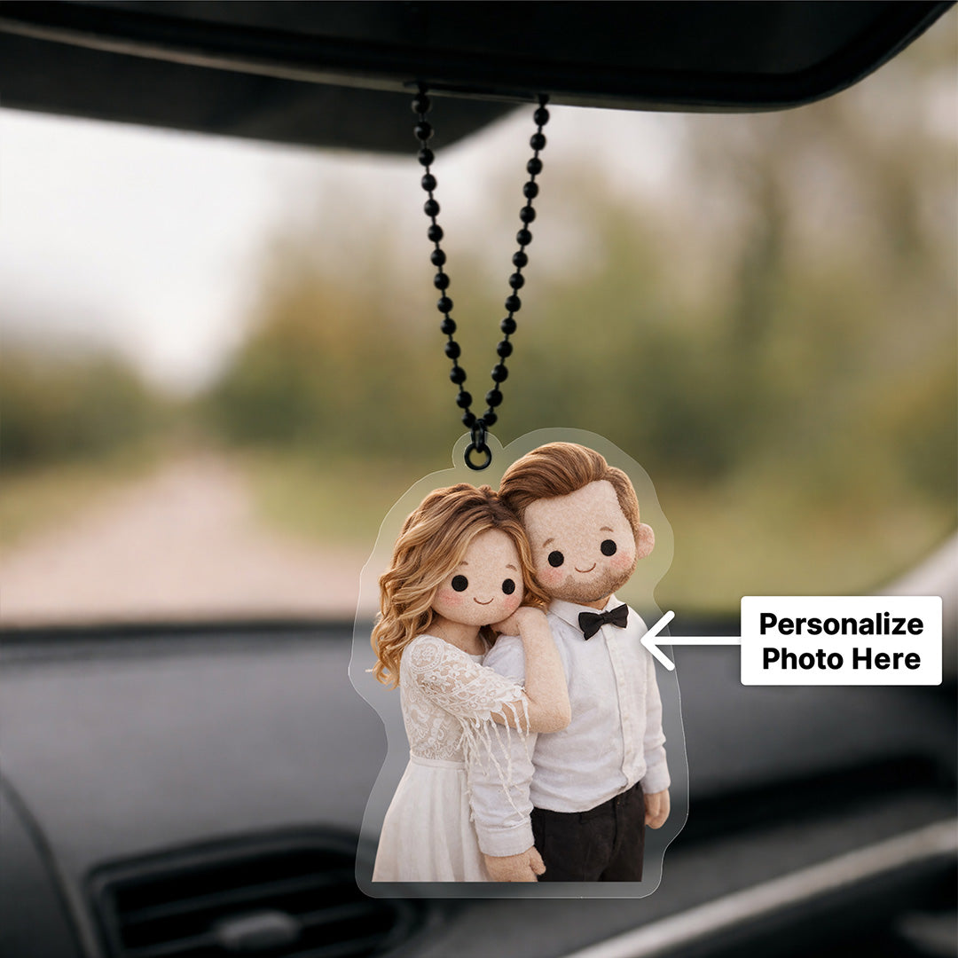 Personalized Cute Couple Cartoon Car Hanging – Custom Photo Acrylic Car Pendant (3 Inch) Romantic Rear View Mirror Hanging Gift for Girlfriend, Boyfriend, Wife & Husband | Love Craft Gifts