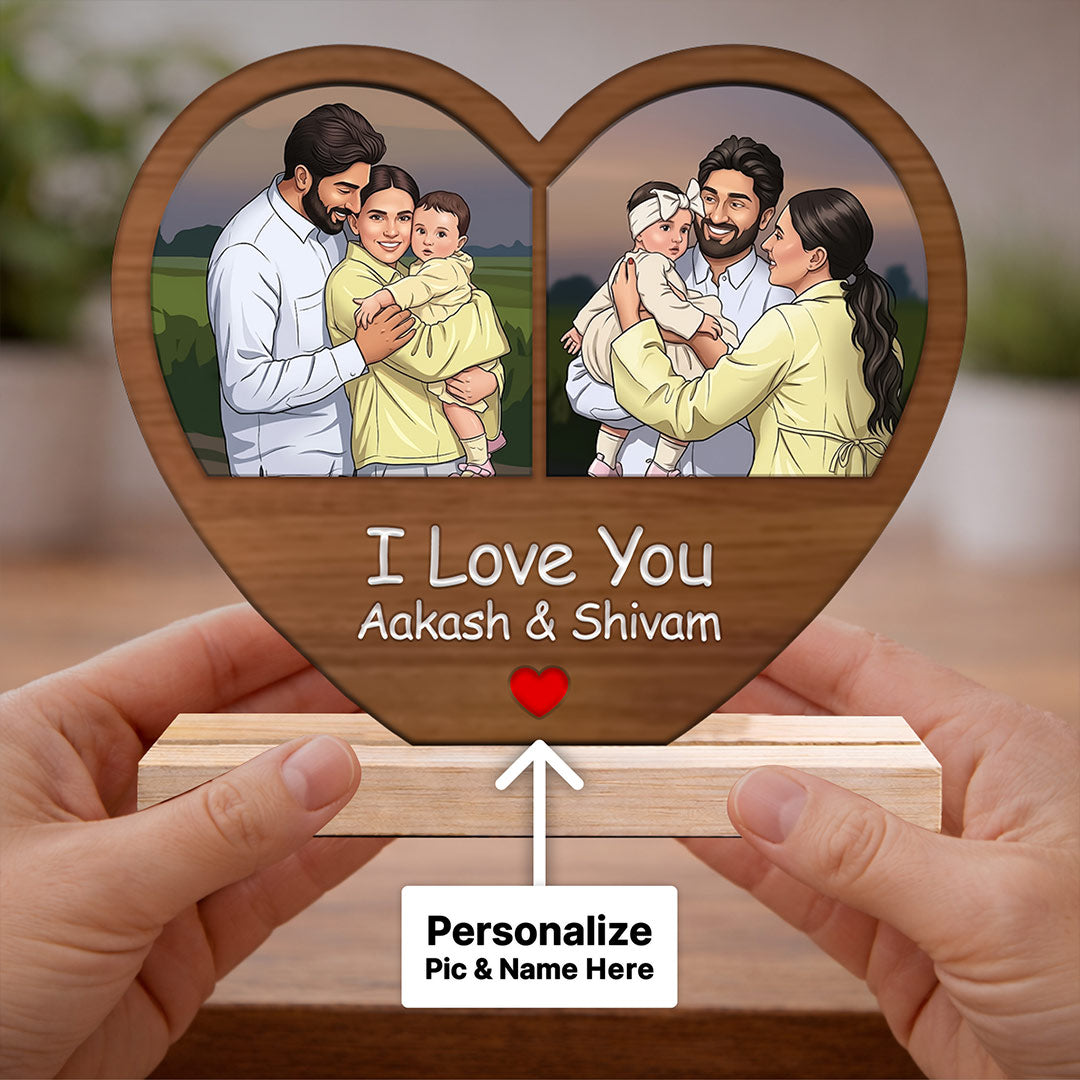 Personalized Heart Shape Wooden Photo Frame Table Stand – Custom Couple & Family Cartoon Frame Gift with Name (6x6 Inch) | Love Craft Gifts