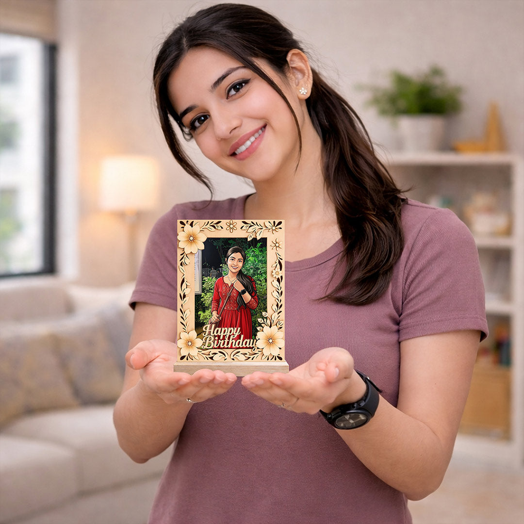 Personalized Birthday Wooden Photo Frame with Floral Design (6x8 Inch) Custom Photo Cartoon Table Top Décor Gift for Girls, Wife & Girlfriend | Love Craft Gifts