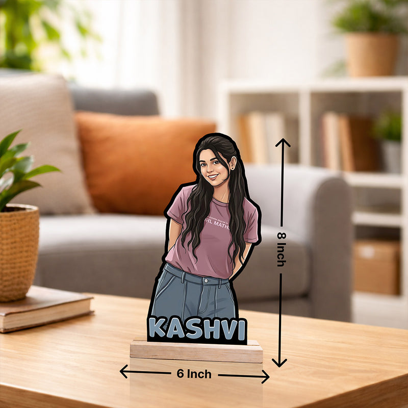 Personalized Cartoon Girl Photo Wooden Table Stand with Name (8 Inch) Custom Portrait Desk Décor Gift for Girlfriend, Sister & Best Friend | Love Craft Gifts