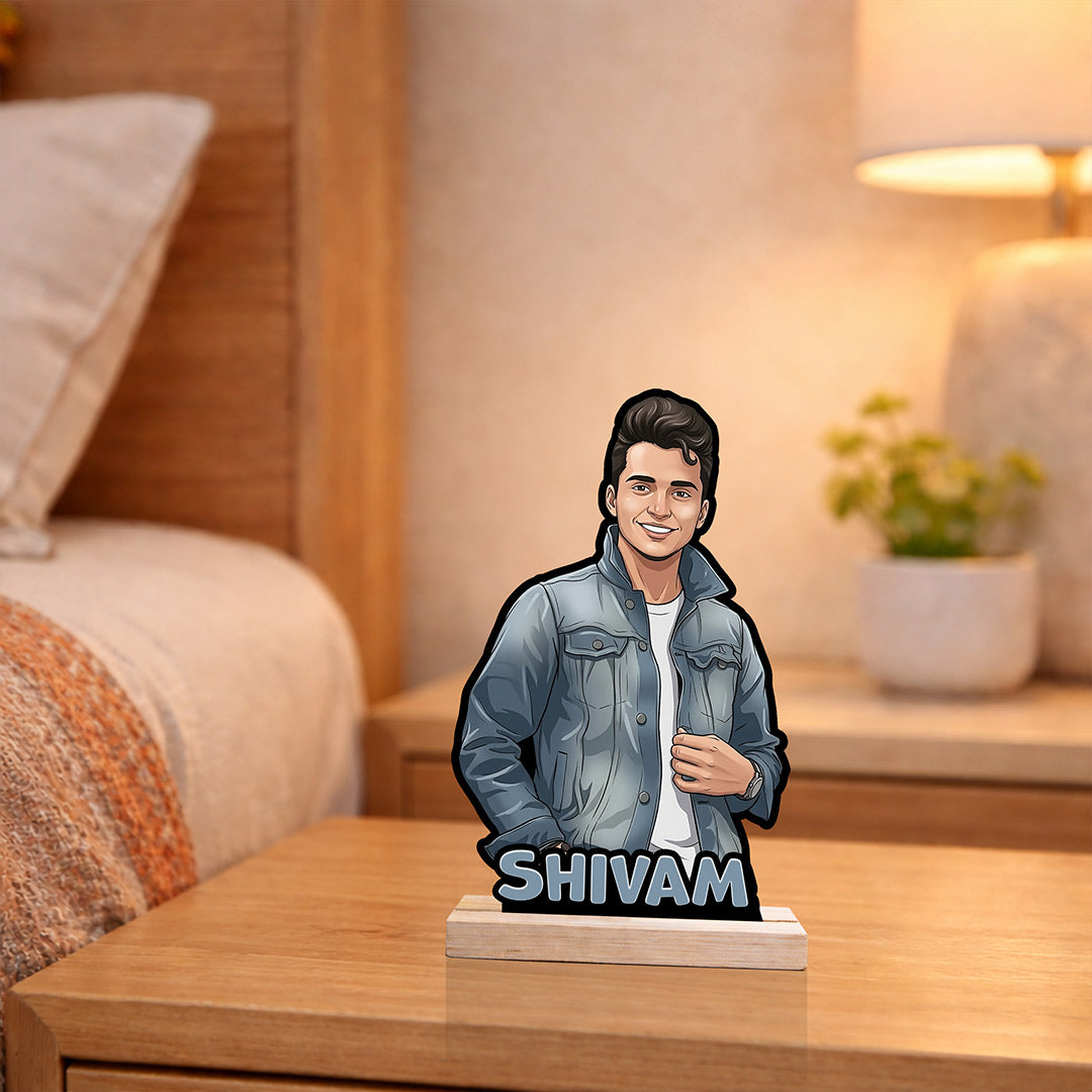 Personalized Cartoon Photo Wooden Table Stand with Name (8 Inch) Custom Portrait Desk Décor Gift for Boyfriend, Husband & Friends | Love Craft Gifts