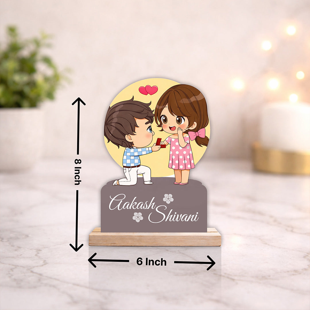 Personalized Couple Proposal Cartoon Wooden Cutout Table Stand – Custom Name Romantic Desk Décor (6x8 Inch) | Love Craft Gifts