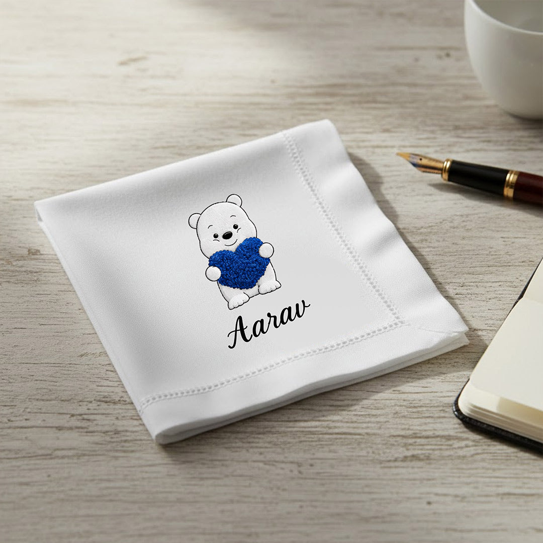 Personalized Baby Name Handkerchief with Teddy Design – Custom Soft Cotton Hanky Gift (Set of 1) | Love Craft Gifts