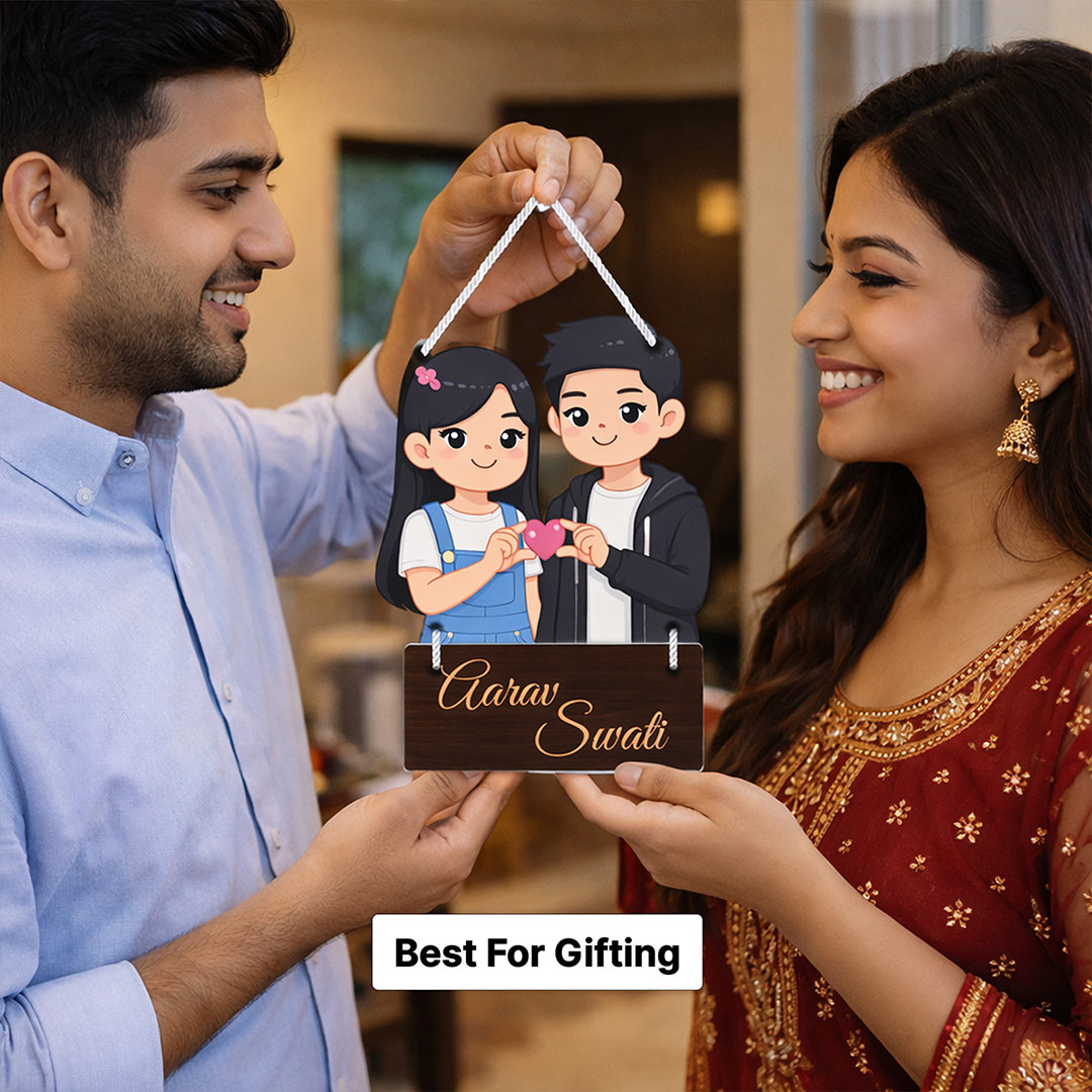 Personalized Couple Cartoon Hanging Frame – Custom Name Cute Wall Décor (9x13 Inch) | Love Craft Gifts