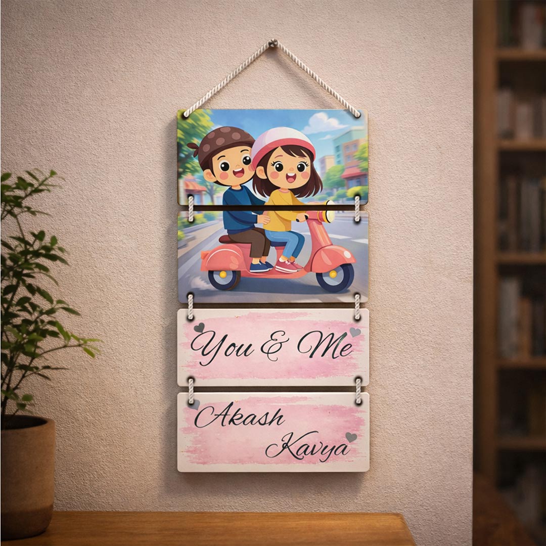 Personalized Couple Cartoon Wooden Wall Hanging – Custom “You & Me” Name Hanging Frame (9×16 Inch) | Love Craft Gifts