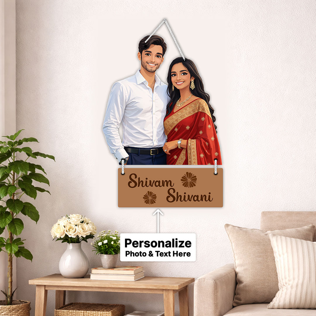 Personalized Couple Wooden Wall Hanging Frame – Custom Photo & Name Romantic Hanging Décor (8x12 Inch) | Love Craft Gifts