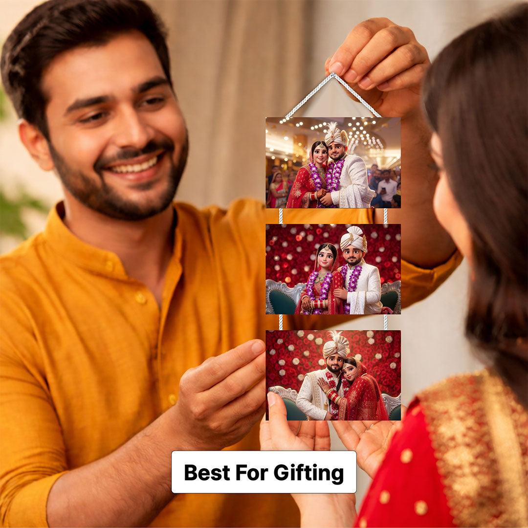 Personalized Wedding Photo Collage Hanging Frame – Custom 3 Photo Wall Décor (14x6 Inch) | Love Craft Gifts